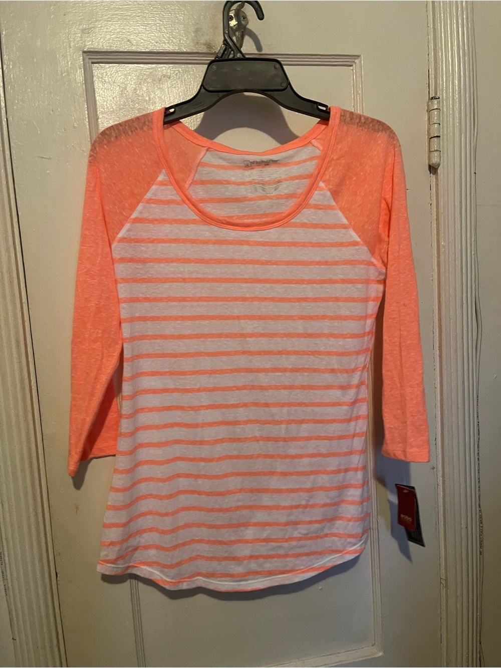 Women's Neon Coral Striped Raglan Tee
